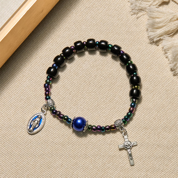 Christianartworkshop Ebony and Blue Agate with Our Lady Medal & Crucifix Bracelet