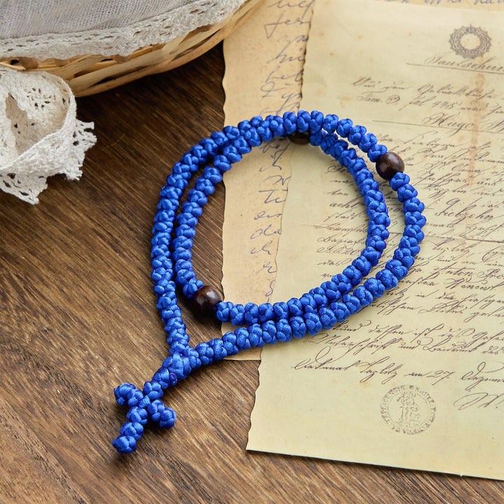 Christianartworkshop Blue & Black Cross 100 Blessing Knots String Necklace: Cherished Symbol of Holy Blessing