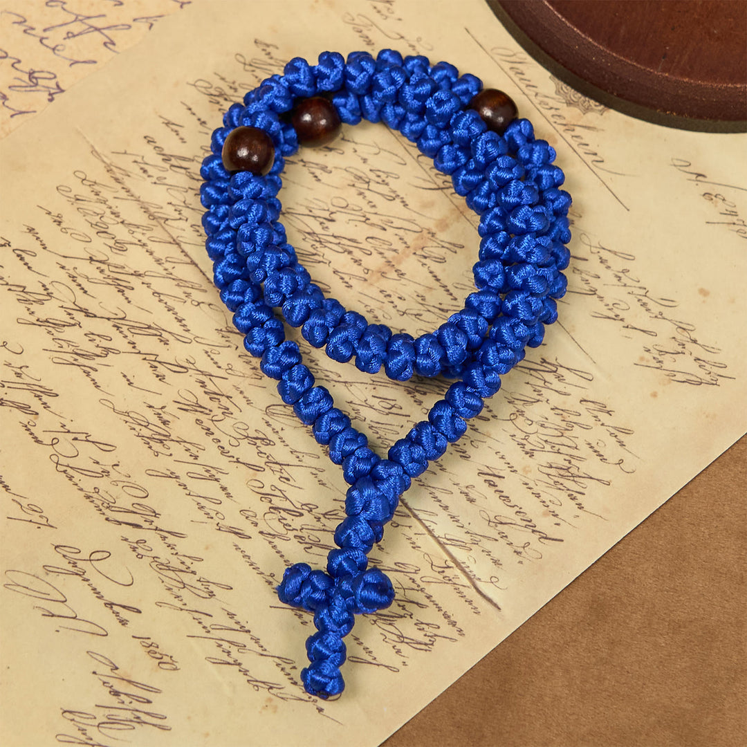 Christianartworkshop Blue & Black Cross 100 Blessing Knots String Necklace: Cherished Symbol of Holy Blessing