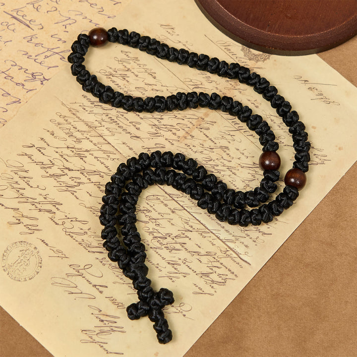 Christianartworkshop Blue & Black Cross 100 Blessing Knots String Necklace: Cherished Symbol of Holy Blessing