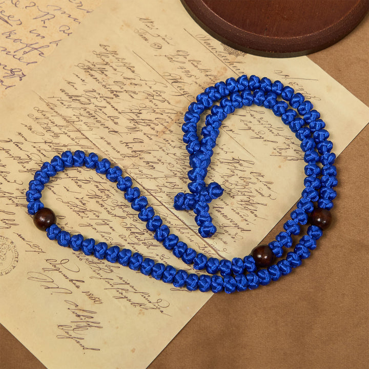 Christianartworkshop Blue & Black Cross 100 Blessing Knots String Necklace: Cherished Symbol of Holy Blessing