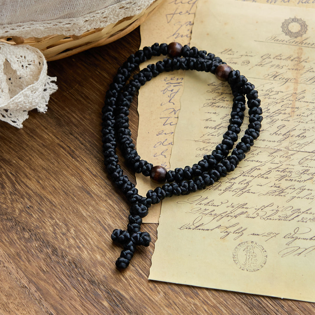 Christianartworkshop Blue & Black Cross 100 Blessing Knots String Necklace: Cherished Symbol of Holy Blessing