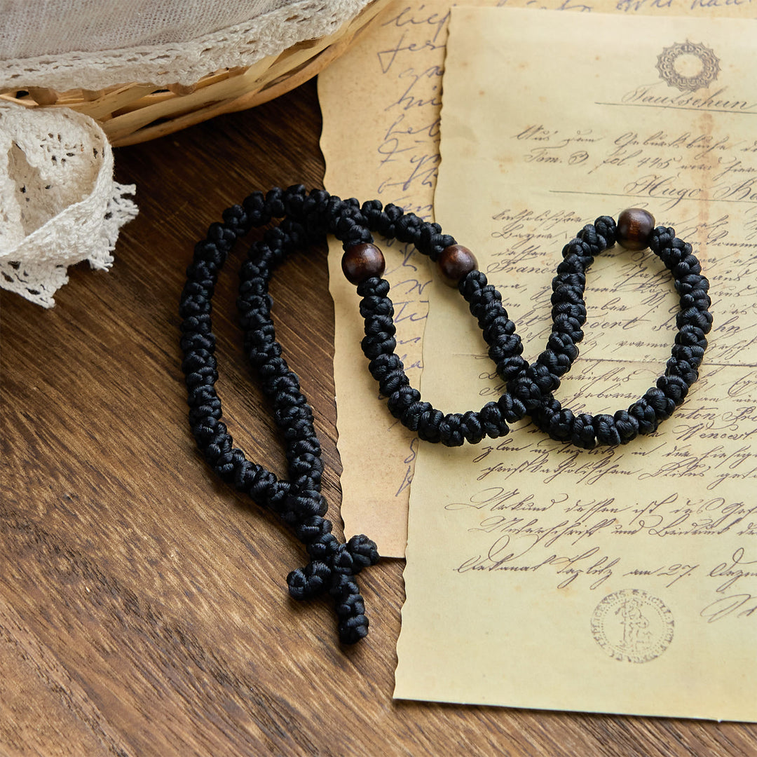 Christianartworkshop Blue & Black Cross 100 Blessing Knots String Necklace: Cherished Symbol of Holy Blessing