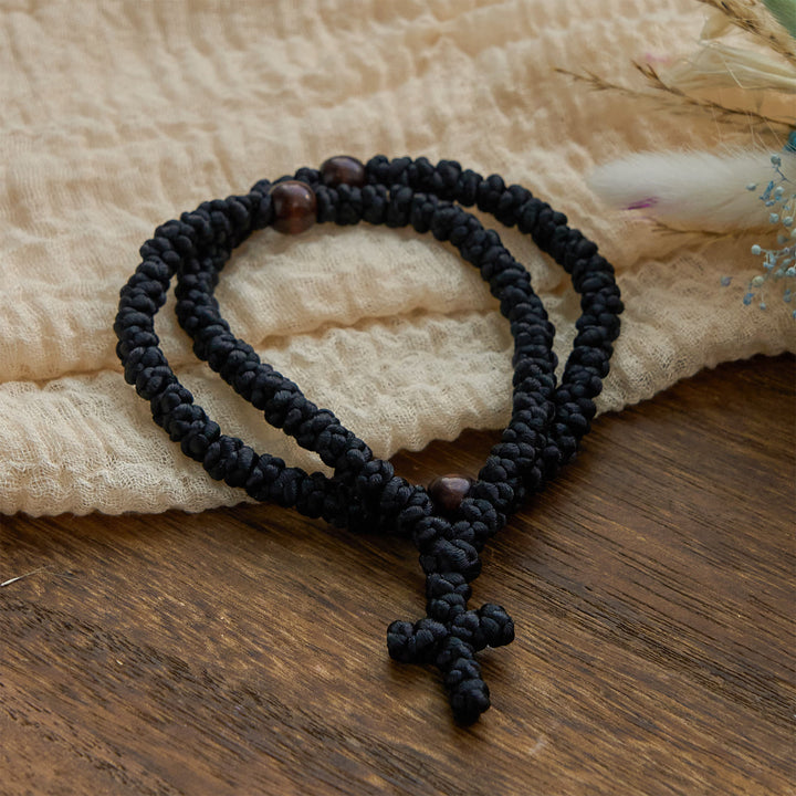 Christianartworkshop Blue & Black Cross 100 Blessing Knots String Necklace: Cherished Symbol of Holy Blessing