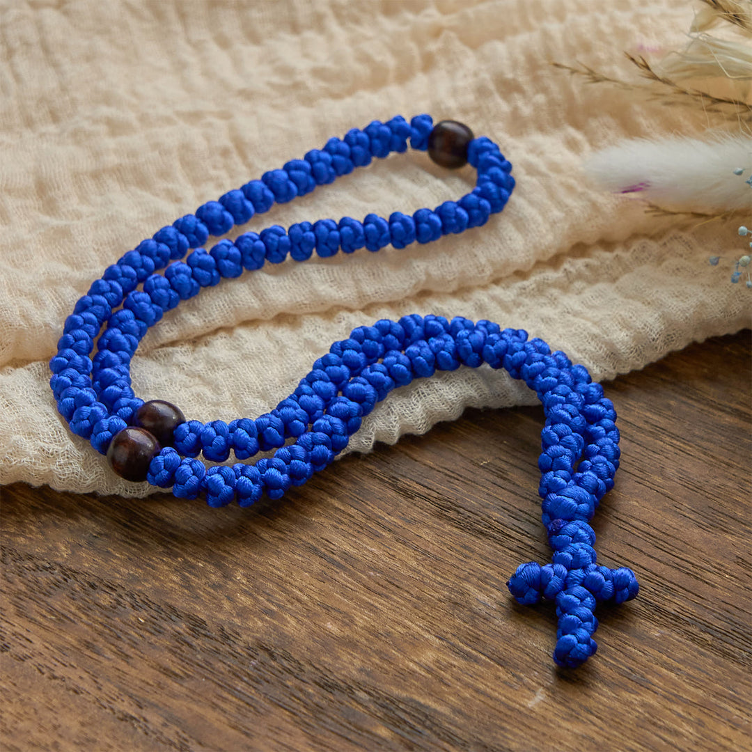 Christianartworkshop Blue & Black Cross 100 Blessing Knots String Necklace: Cherished Symbol of Holy Blessing