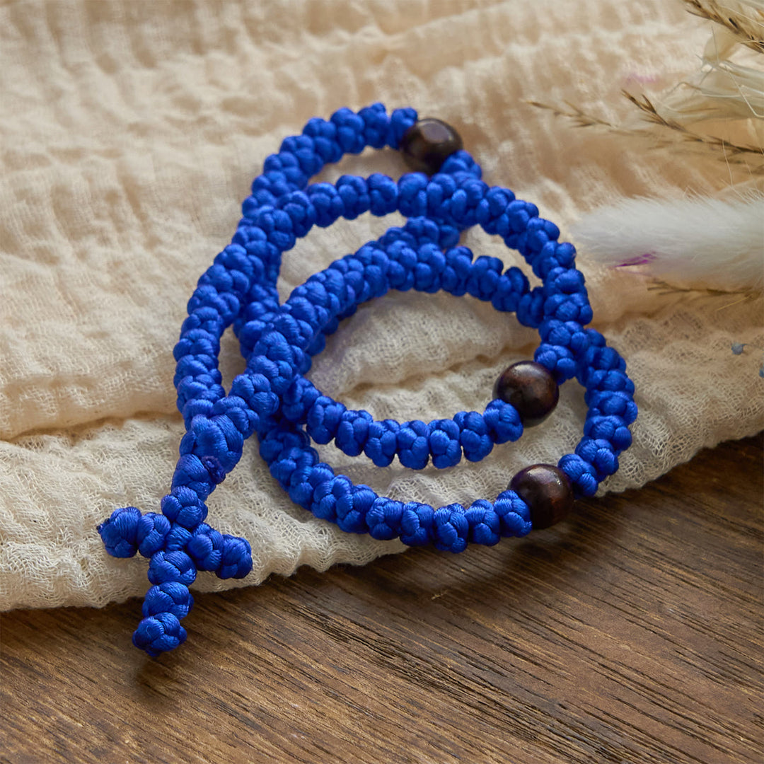 Christianartworkshop Blue & Black Cross 100 Blessing Knots String Necklace: Cherished Symbol of Holy Blessing