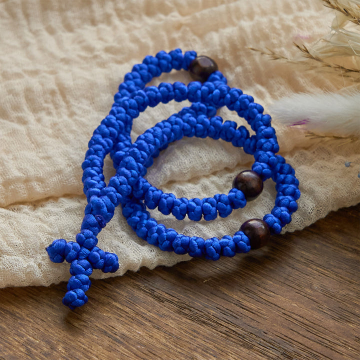 Christianartworkshop Blue & Black Cross 100 Blessing Knots String Necklace: Cherished Symbol of Holy Blessing