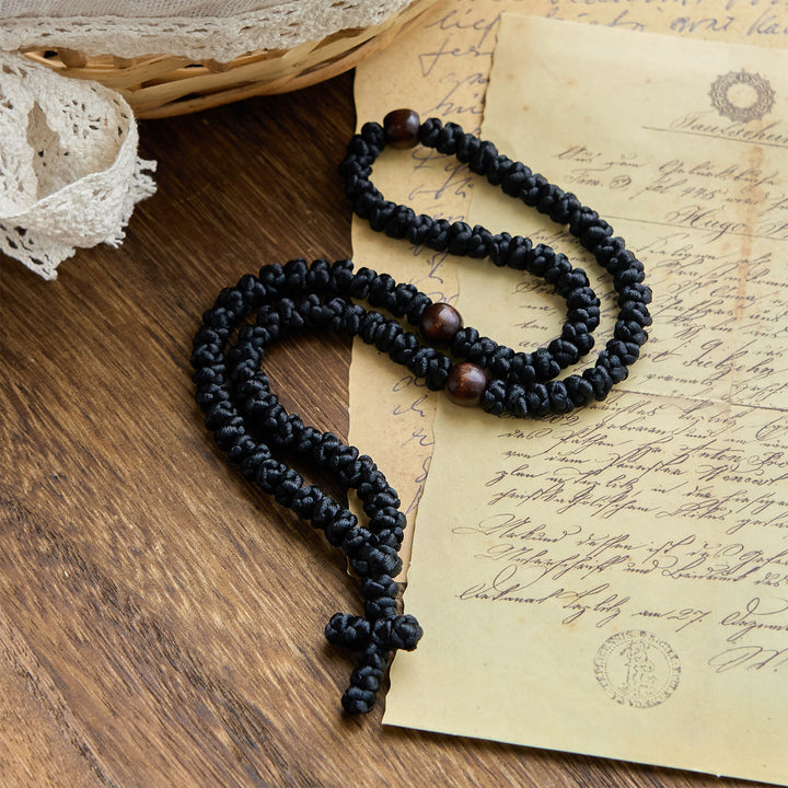 Christianartworkshop Blue & Black Cross 100 Blessing Knots String Necklace: Cherished Symbol of Holy Blessing