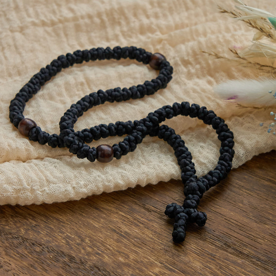 Christianartworkshop Blue & Black Cross 100 Blessing Knots String Necklace: Cherished Symbol of Holy Blessing