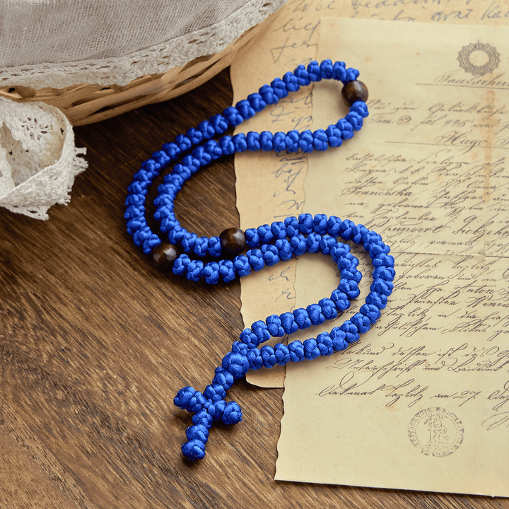 Christianartworkshop Blue & Black Cross 100 Blessing Knots String Necklace: Cherished Symbol of Holy Blessing