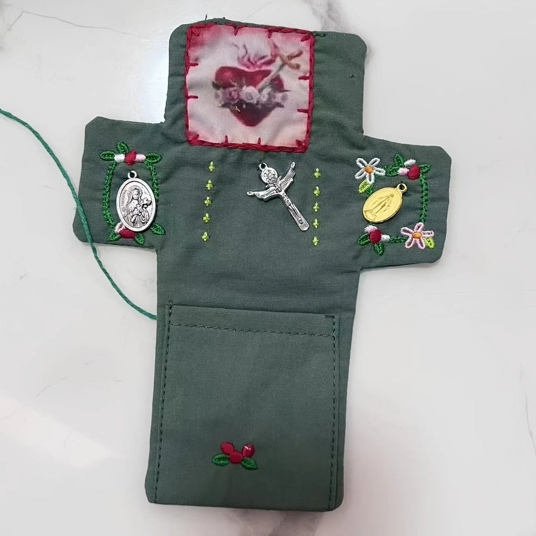FREE Today: Hand-Embroidered Portable Green Pocket Shrine Cross Included Inside