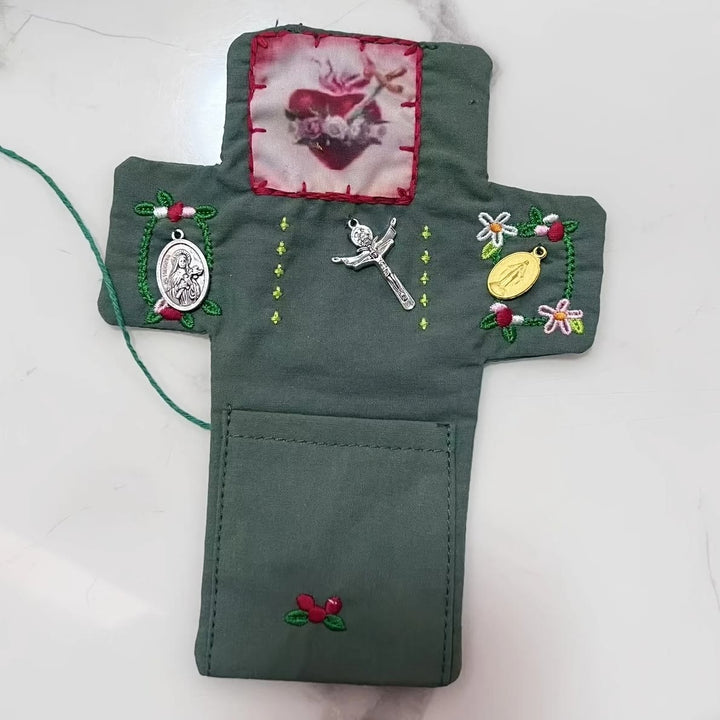 FREE Today: Hand-Embroidered Portable Green Pocket Shrine Cross Included Inside