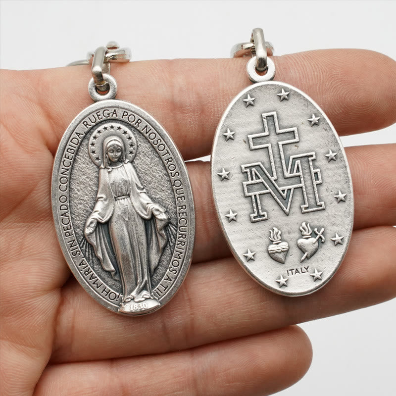 Christianartworkshop Classic Hand-Carved Mary Miraculous Medal Keychain: Graceful Sign of Devotional Faith