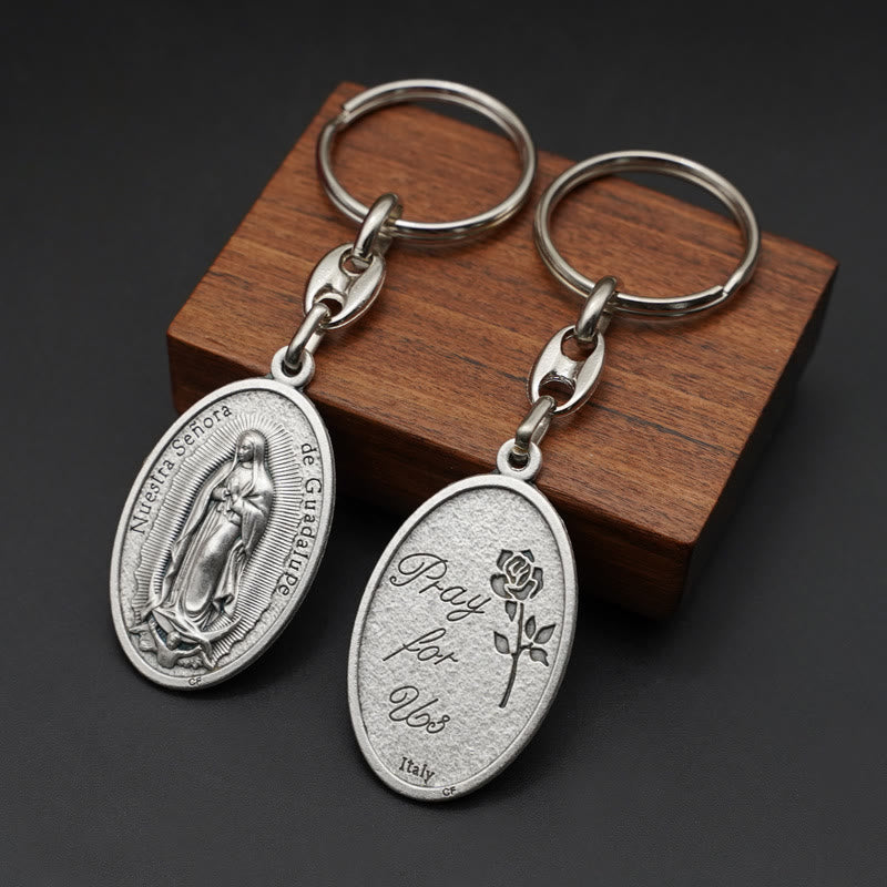Christianartworkshop Exquisite Relief - Sculpted Our Lady of Guadalupe Medal with Castilian Rose Keychain - Our Lady of Guadalupe - image 1