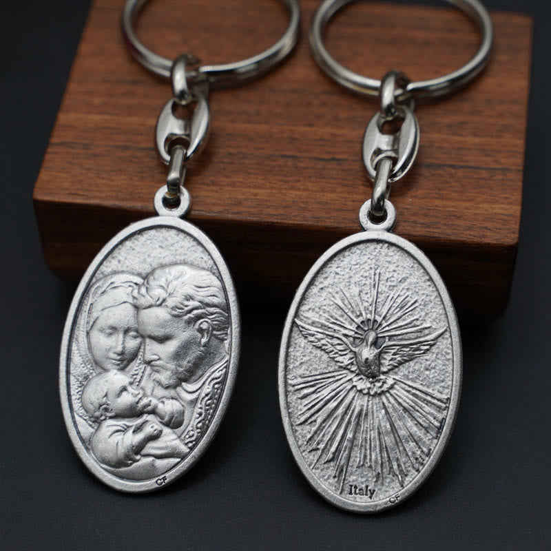 Christianartworkshop Retro Style Crafted Holy Family & Holy Spirit Pendant Keychain: Gleaming Symbol of Familial Unity - image 2