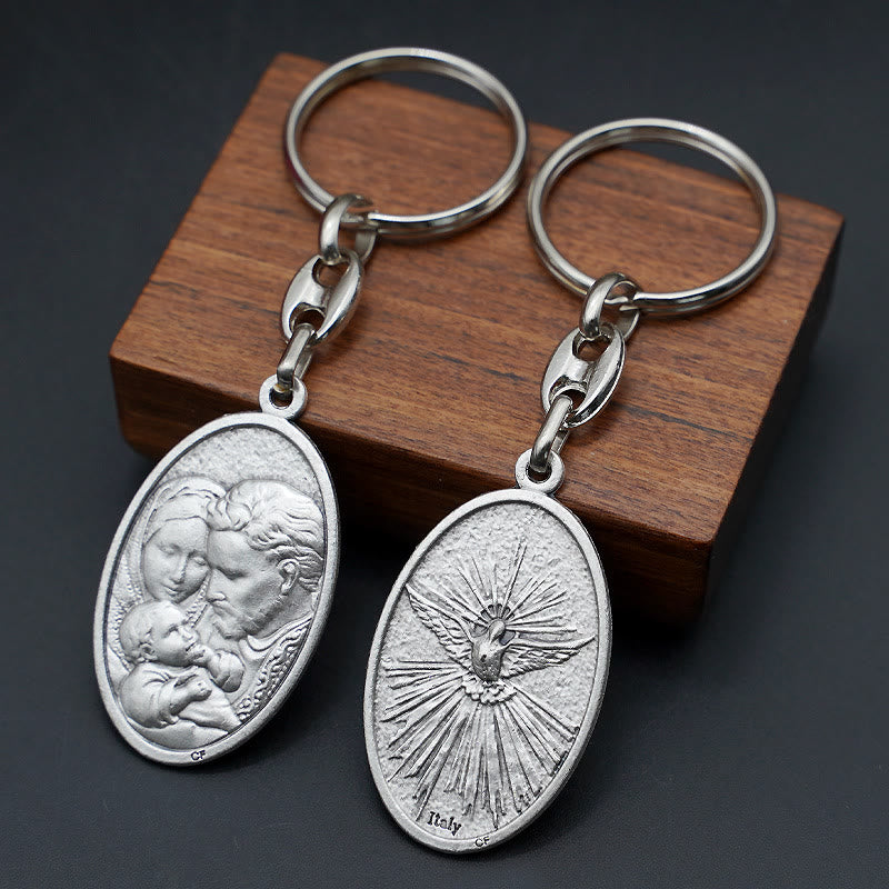 Christianartworkshop Retro Style Crafted Holy Family & Holy Spirit Pendant Keychain: Gleaming Symbol of Familial Unity - Holy Family & Holy Spirit - image 1