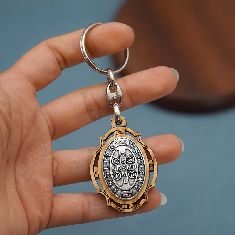 Christianartworkshop Wooden Crafted St. Benedict Medal Keychain: Contemporary Badge of Spiritual Defense - image 3