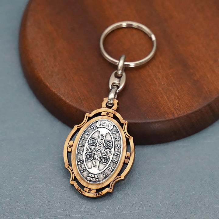 Christianartworkshop Wooden Crafted St. Benedict Medal Keychain: Contemporary Badge of Spiritual Defense - St. Benedict - image 1