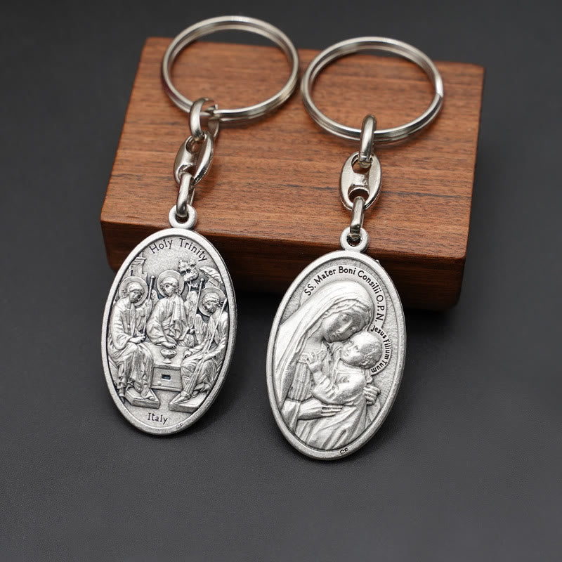 Christianartworkshop Elegant Oxidized Alloy Holy Trinity & Mother of Good Counsel Keychain: A Symbol of Divine Love - image 4