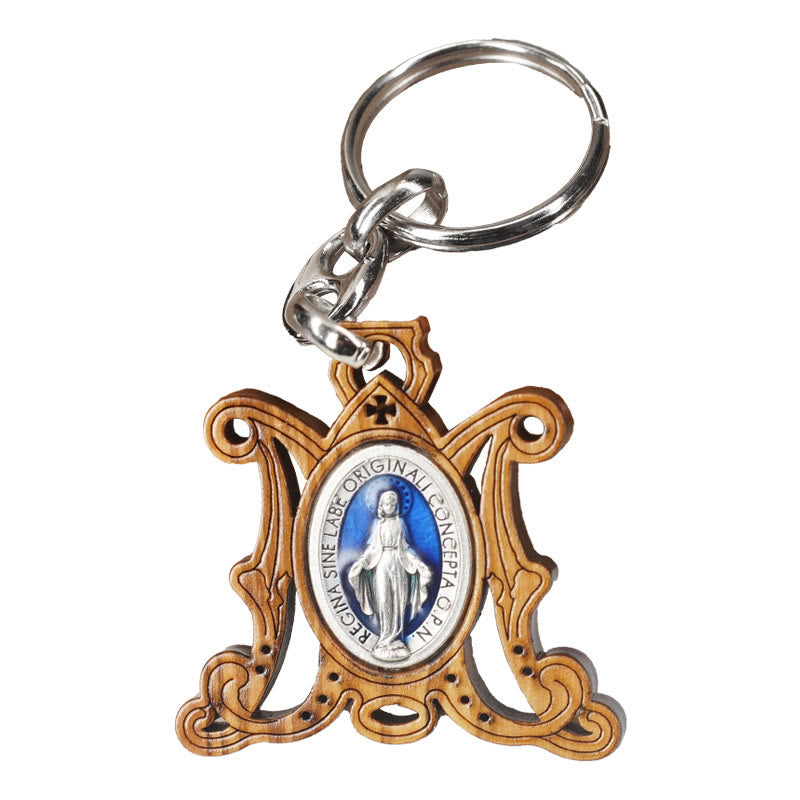 Christianartworkshop Premium Crafted Olive Wood Miraculous Medal & Enamel Virgin Mary Keychain: Memento of Mary's Devotion - image 5