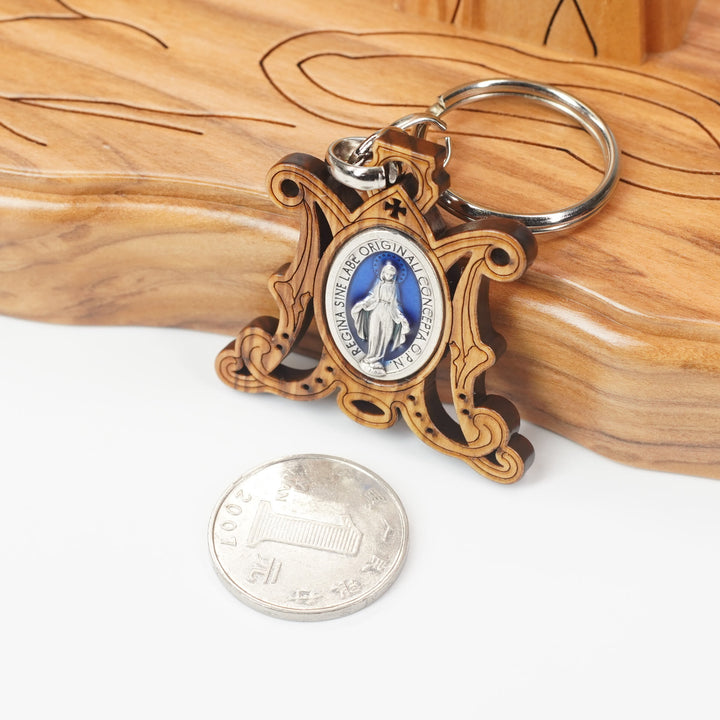 Christianartworkshop Premium Crafted Olive Wood Miraculous Medal & Enamel Virgin Mary Keychain: Memento of Mary's Devotion - image 4