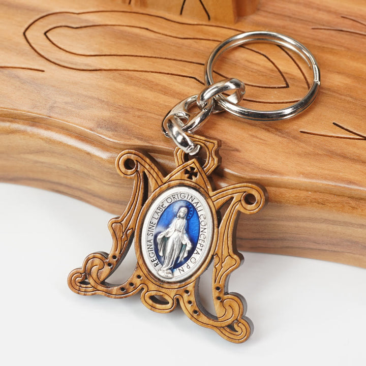 Christianartworkshop Premium Crafted Olive Wood Miraculous Medal & Enamel Virgin Mary Keychain: Memento of Mary's Devotion - Miraculous Medal - image 1