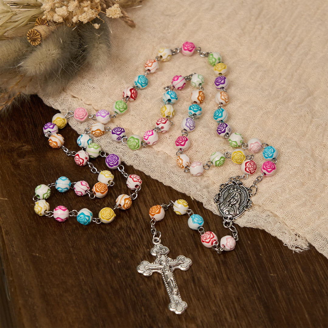 Christianartworkshop Multicolor Rose Beads with Virgin Mary Medal & Crucifix Rosary: Sacred Palette of Love - Multicolor - image 1