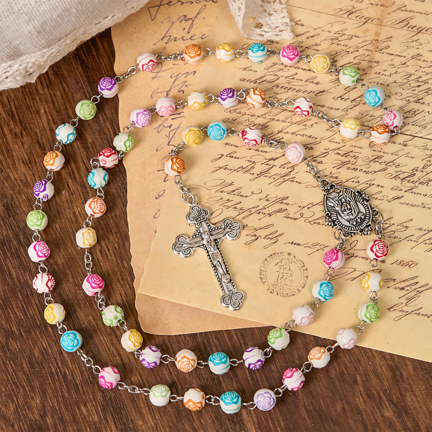 Multicolor Rose Bead Rosary with Virgin Mary Medal & Crucifix
