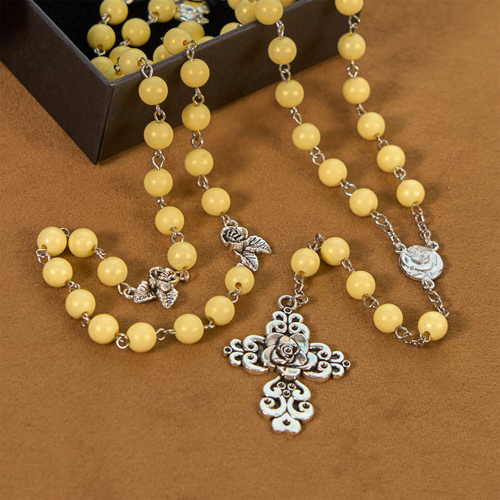 Christianartworkshop Vintage Style Blossom Yellow Tone Beads & Rose Cross Rosary: Timeless Faith Keepsake - image 3