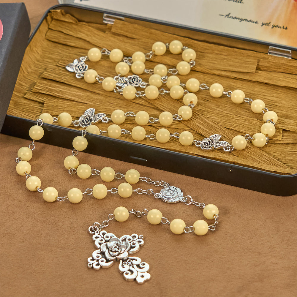Christianartworkshop Vintage Style Blossom Yellow Tone Beads & Rose Cross Rosary: Timeless Faith Keepsake - image 2