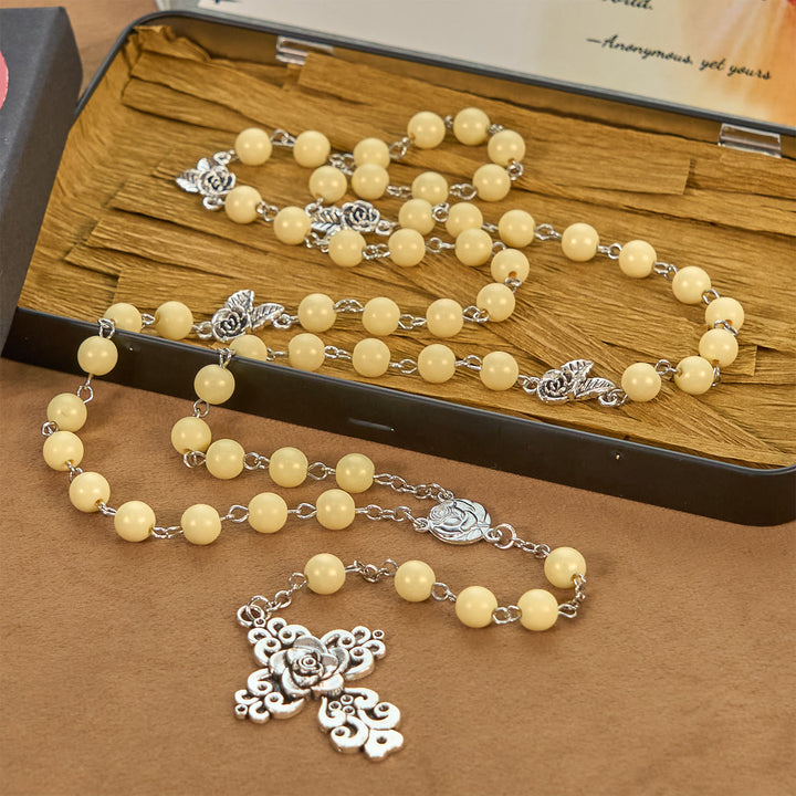 Christianartworkshop Vintage Style Blossom Yellow Tone Beads & Rose Cross Rosary: Timeless Faith Keepsake - image 2