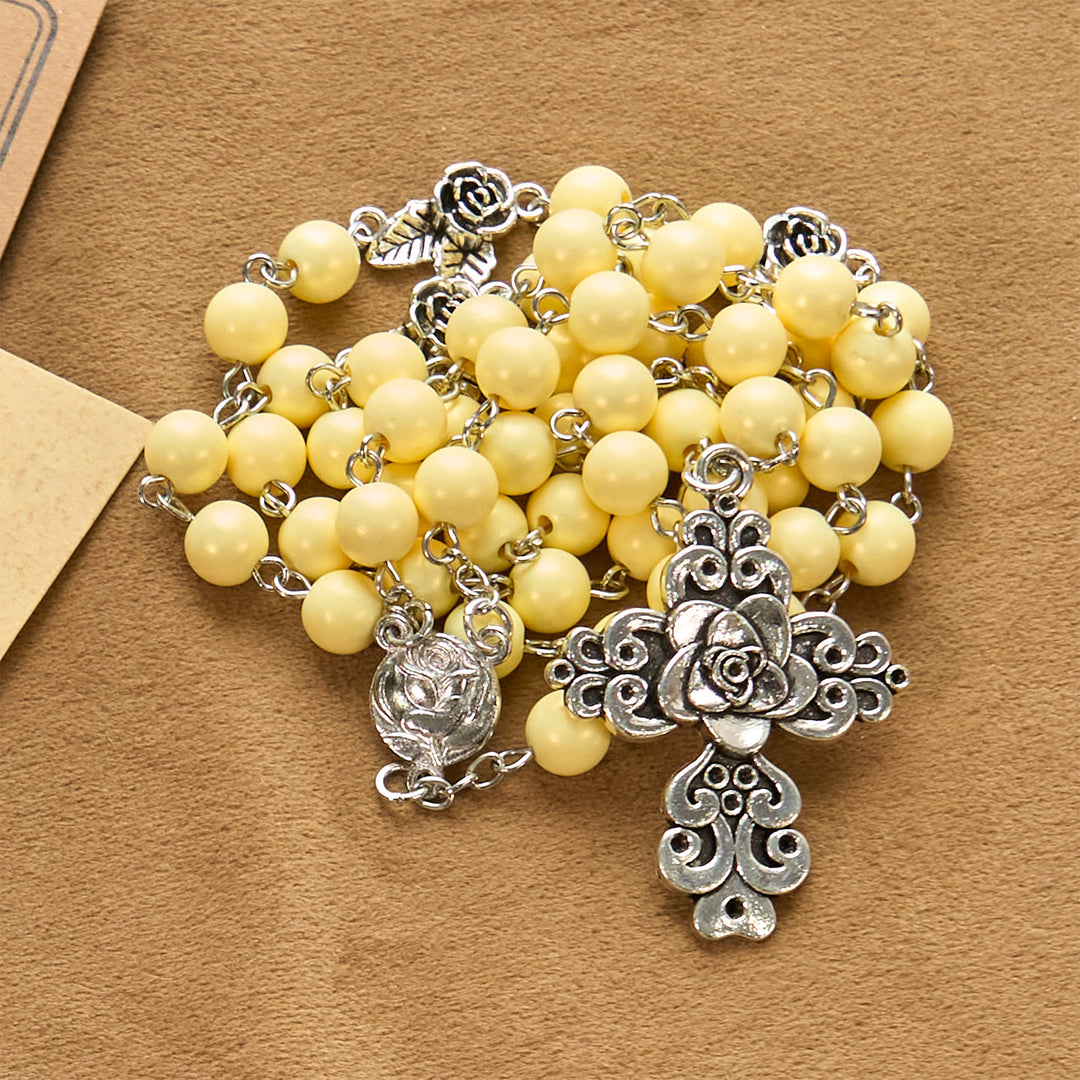 Christianartworkshop Vintage Style Blossom Yellow Tone Beads & Rose Cross Rosary: Timeless Faith Keepsake - image 8