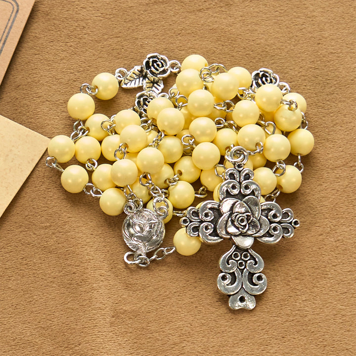 Christianartworkshop Vintage Style Blossom Yellow Tone Beads & Rose Cross Rosary: Timeless Faith Keepsake - image 8