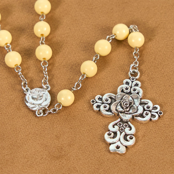 Christianartworkshop Vintage Style Blossom Yellow Tone Beads & Rose Cross Rosary: Timeless Faith Keepsake - image 6