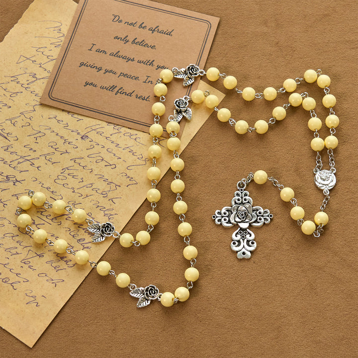 Christianartworkshop Vintage Style Blossom Yellow Tone Beads & Rose Cross Rosary: Timeless Faith Keepsake - image 4