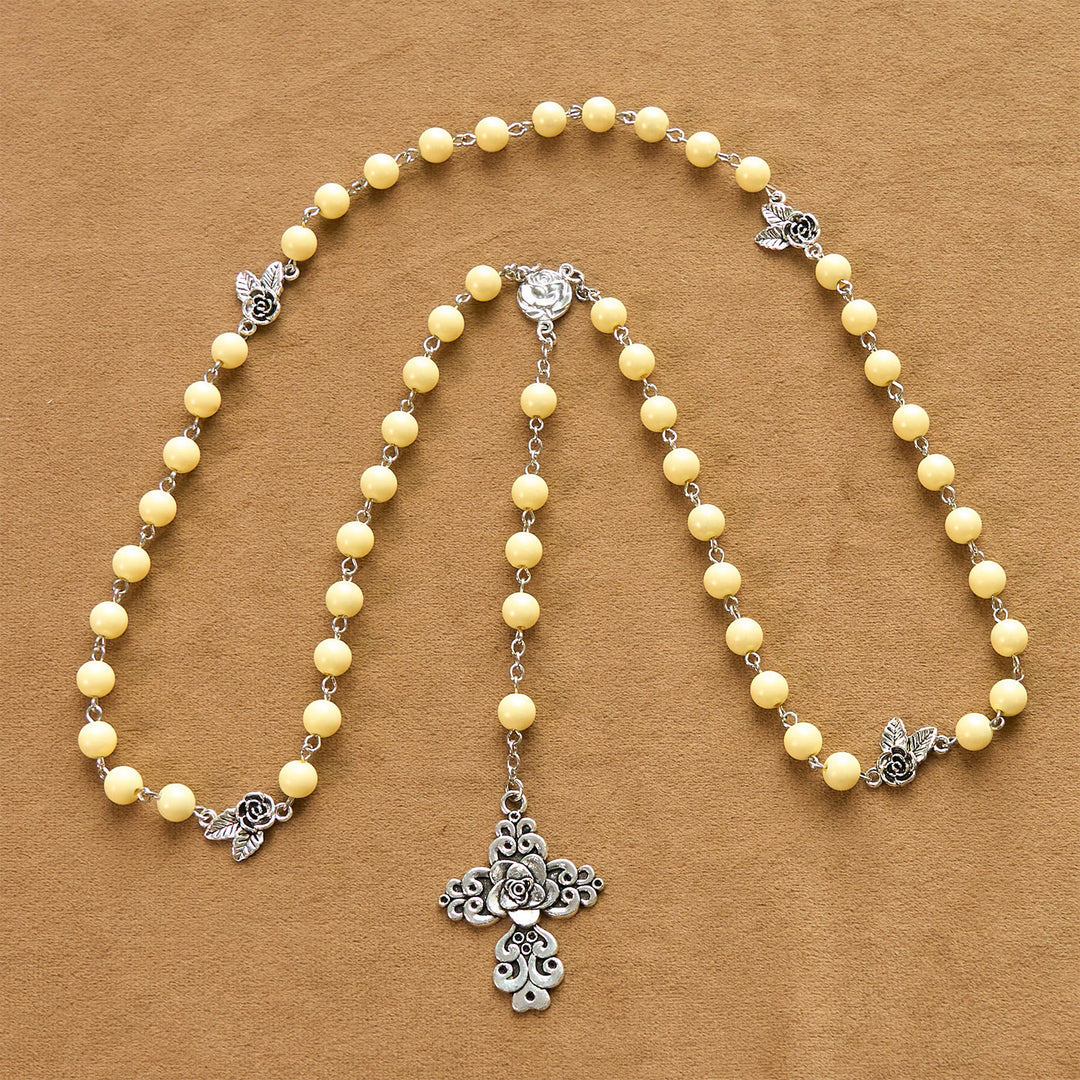 Christianartworkshop Vintage Style Blossom Yellow Tone Beads & Rose Cross Rosary: Timeless Faith Keepsake - image 5