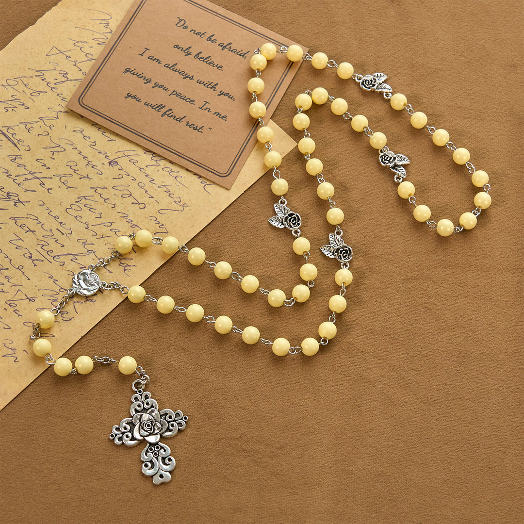 Christianartworkshop Vintage Style Blossom Yellow Tone Beads & Rose Cross Rosary: Timeless Faith Keepsake - Rosary - image 1