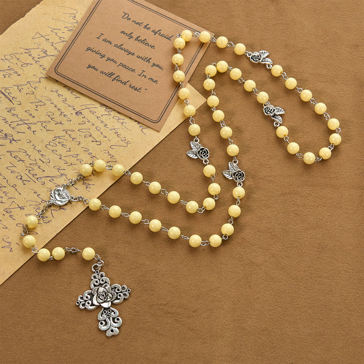 Christianartworkshop Vintage Style Blossom Yellow Tone Beads & Rose Cross Rosary: Timeless Faith Keepsake - Rosary - image 1