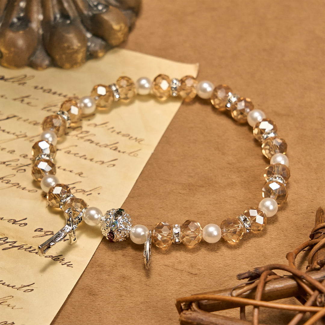 Christianartworkshop Modern Clear Crystal Stretch Braceletwith Crucifix & Miraculous Medal: Contemporary Faith Statement - Champagne - image 7