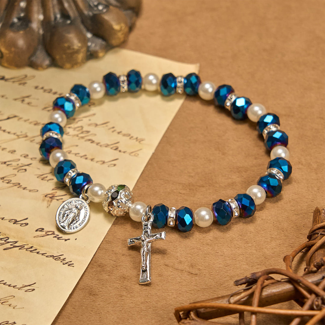 Christianartworkshop Modern Clear Crystal Stretch Braceletwith Crucifix & Miraculous Medal: Contemporary Faith Statement - Royal Blue - image 12