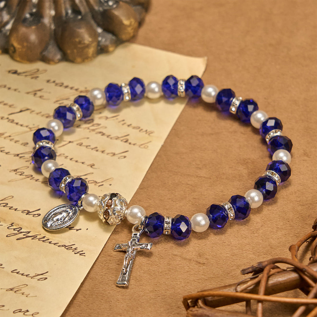 Christianartworkshop Modern Clear Crystal Stretch Braceletwith Crucifix & Miraculous Medal: Contemporary Faith Statement - Blue - image 22