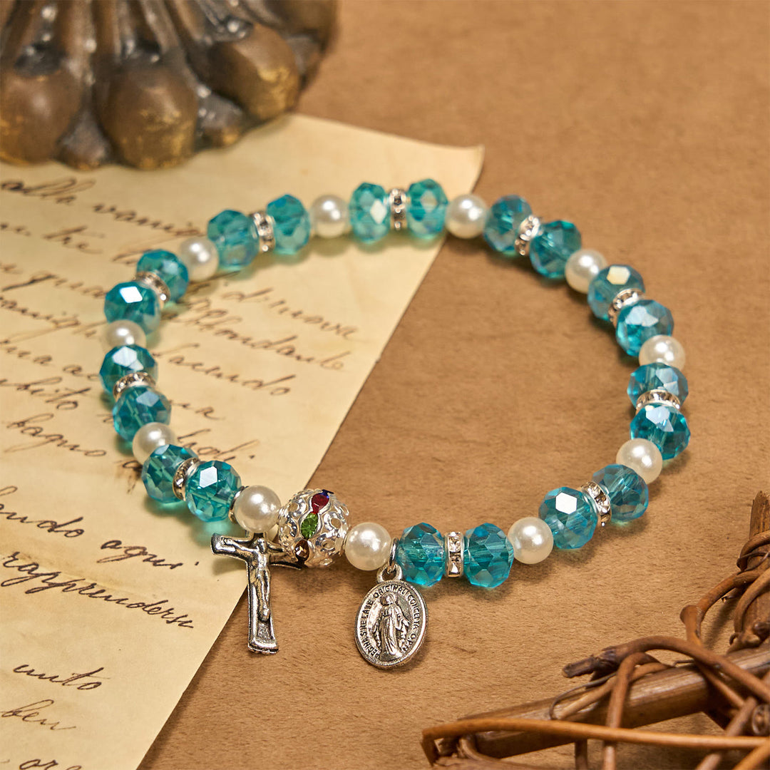 Christianartworkshop Modern Clear Crystal Stretch Braceletwith Crucifix & Miraculous Medal: Contemporary Faith Statement - Lake Blue - image 1