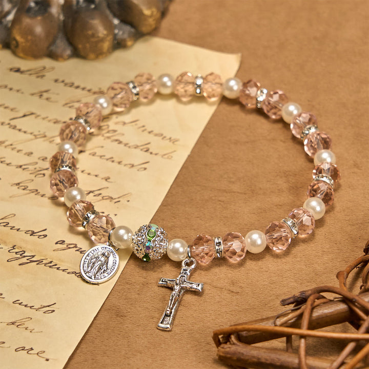 Christianartworkshop Modern Clear Crystal Stretch Braceletwith Crucifix & Miraculous Medal: Contemporary Faith Statement - Light Pink - image 17