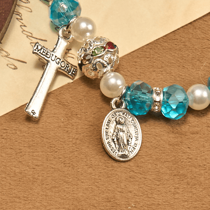 Christianartworkshop Modern Clear Crystal Stretch Braceletwith Crucifix & Miraculous Medal: Contemporary Faith Statement - image 5