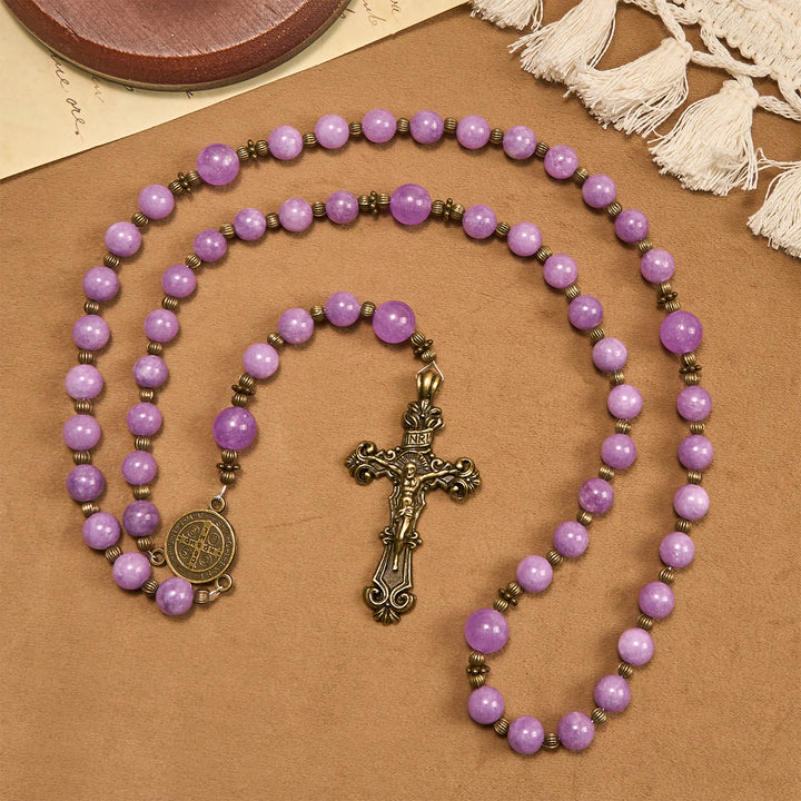 Christianartworkshop Purple Garnet Chalcedony Rosary with Crucifix & St. Benedict: Graceful Spiritual Bond - image 2