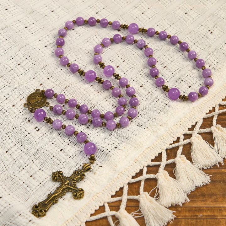 Christianartworkshop Purple Garnet Chalcedony Rosary with Crucifix & St. Benedict: Graceful Spiritual Bond - image 4