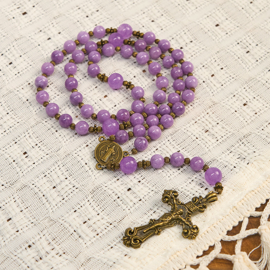 Christianartworkshop Purple Garnet Chalcedony Rosary with Crucifix & St. Benedict: Graceful Spiritual Bond - image 3
