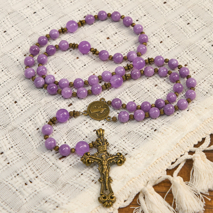 Christianartworkshop Purple Garnet Chalcedony Rosary with Crucifix & St. Benedict: Graceful Spiritual Bond - Crucifix & St. Benedict - image 1
