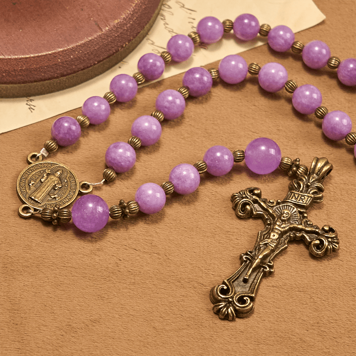 Christianartworkshop Purple Garnet Chalcedony Rosary with Crucifix & St. Benedict: Graceful Spiritual Bond - image 5