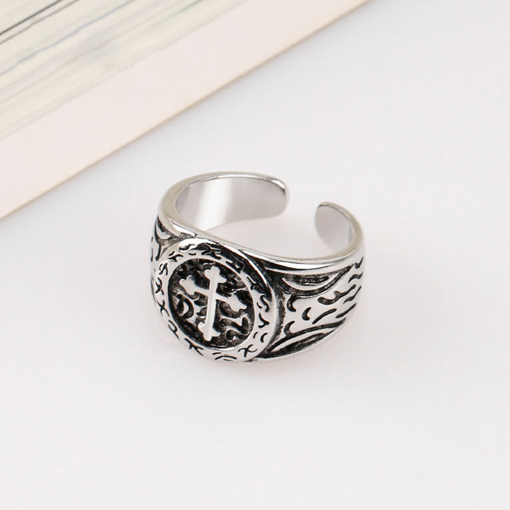 Christianartworkshop Classic 925 Silver Cross Ring with Ornate Patterns: Handmade Relic of Faith - Adjustable - image 1